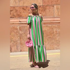 Adrienne Pink and Green Striped Off-Shoulder Maxi Dress